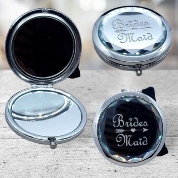 5 pack Bridesmaid Gifts Silver Engraved Dual-Sided Beveled Edge Compact Mirrors - Picture 1 of 11